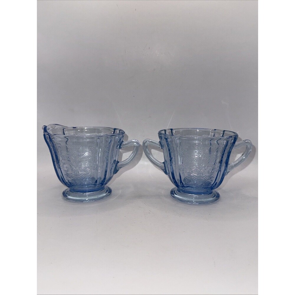 Vintage Recollection Blue Creamer and Open Sugar Depression Glass, Indiana Glass